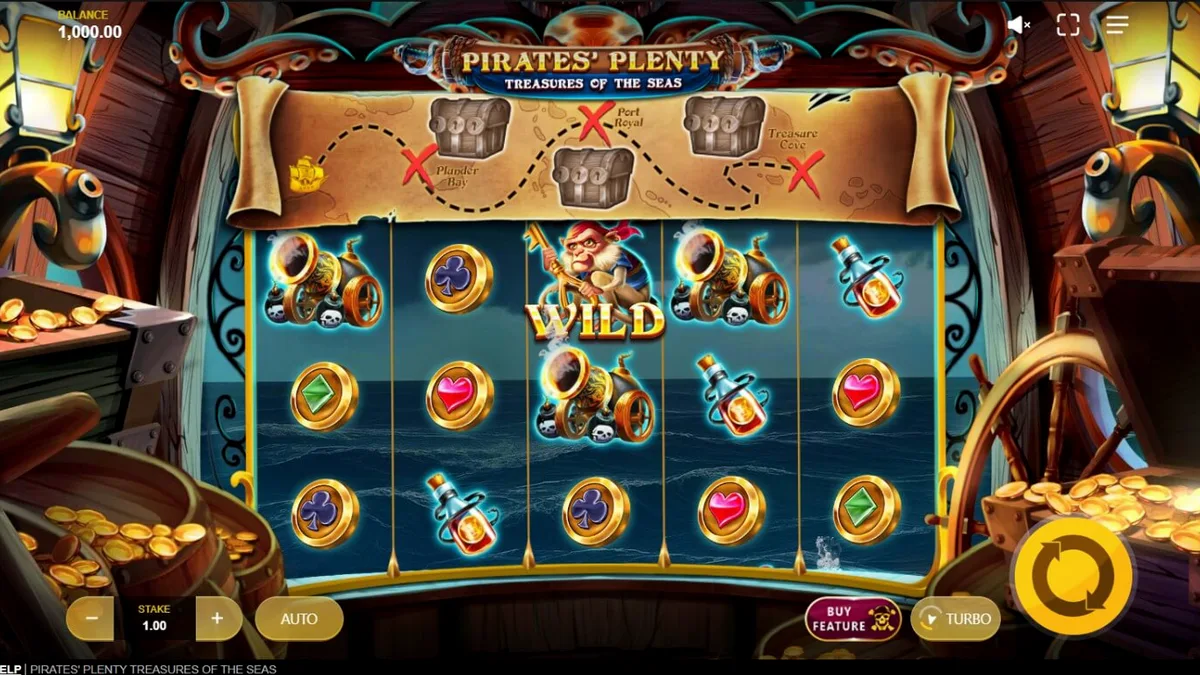 Kapal bajak laut berlayar di tengah badai dalam slot Pirates’ Plenty: Treasures of the Seas